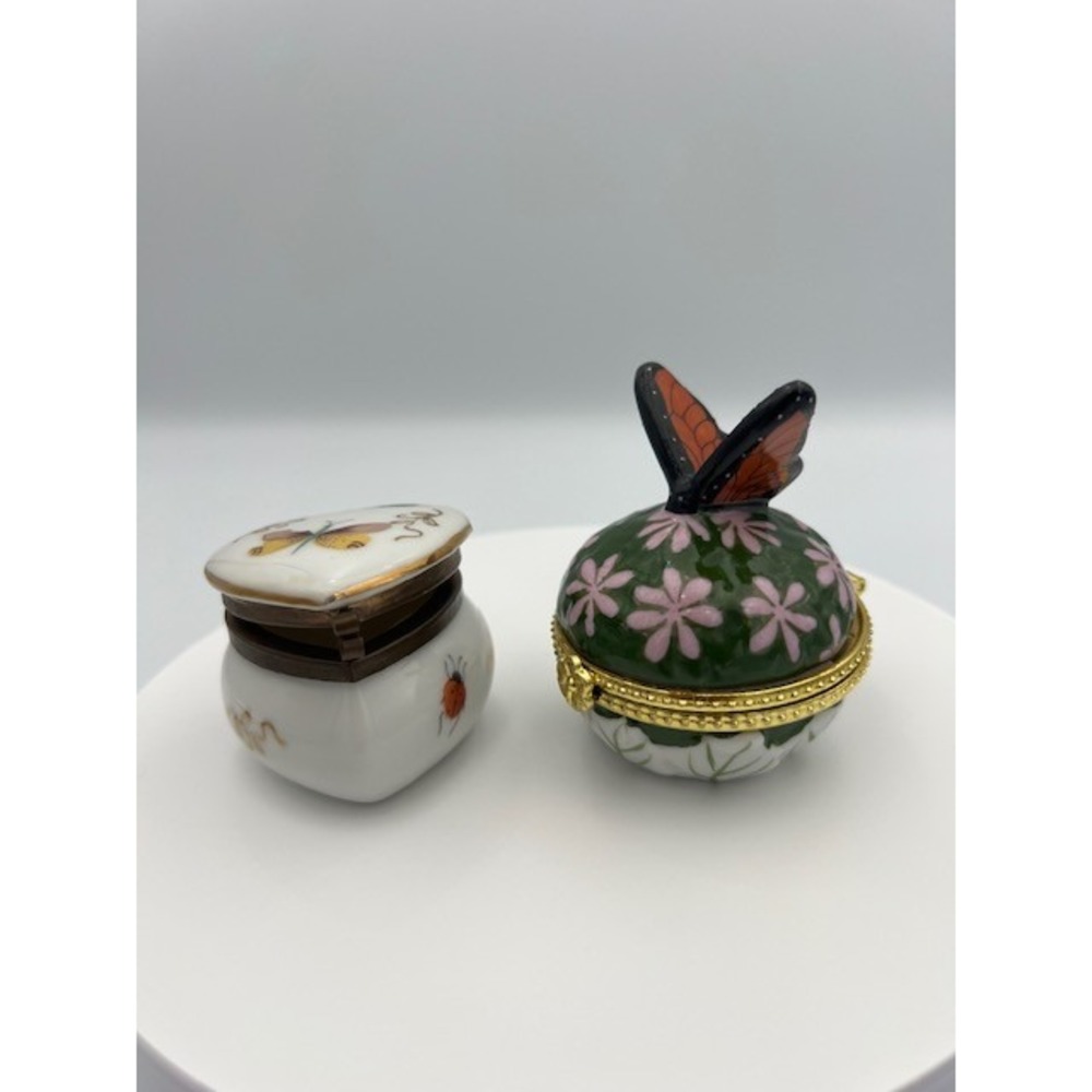 Limoges Porcelain Trinket Box Set Butterfly Heart Ladybug Hand Painted 2pc - Picture 12 of 12